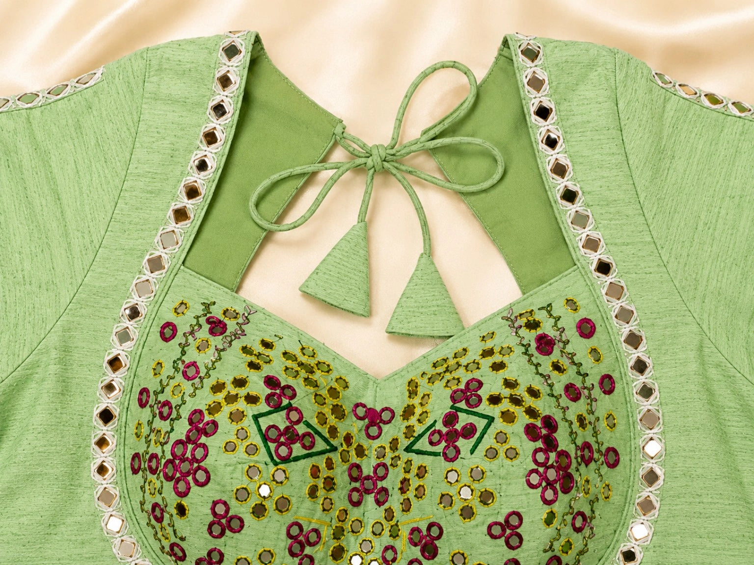 Mint Green Pure Cotton Hand Work Mirror Embroidered Glass Sleeves Blouse