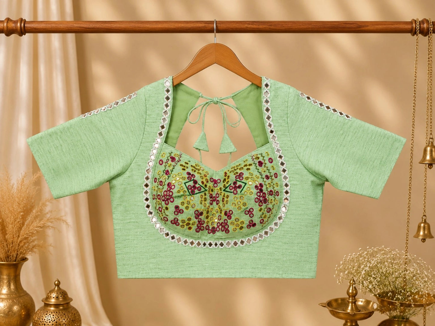 Mint Green Pure Cotton Hand Work Mirror Embroidered Glass Sleeves Blouse