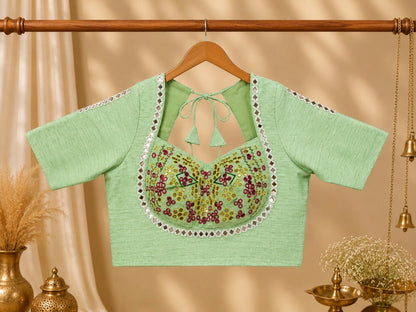 Mint Green Pure Cotton Hand Work Mirror Embroidered Glass Sleeves Blouse