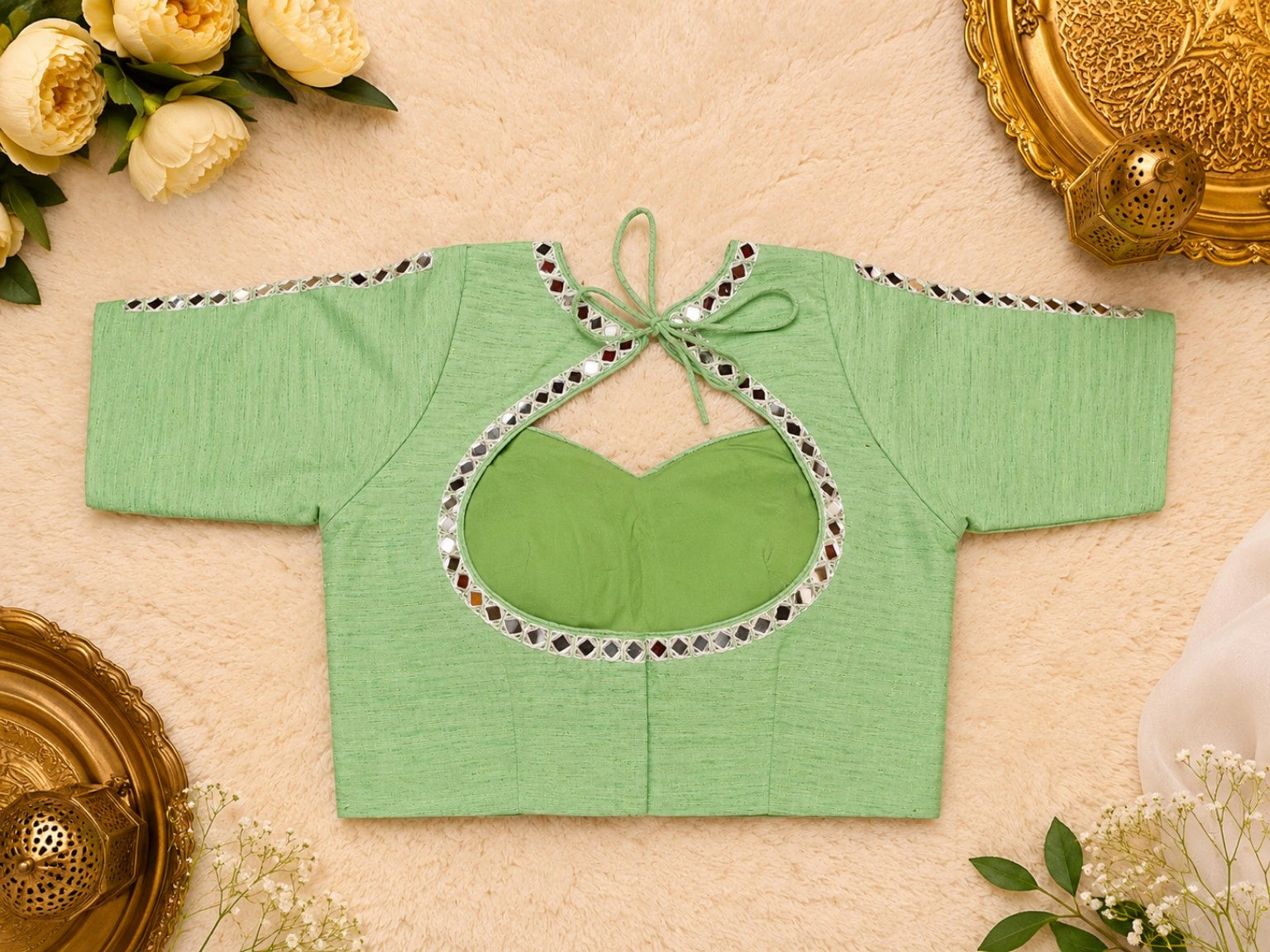 Mint Green Pure Cotton Hand Work Mirror Embroidered Glass Sleeves Blouse