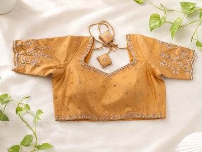 Golden Tissue Ari Work Embroidered Glass Sleeve Designer Blouse for Wedding & Festive Wear
