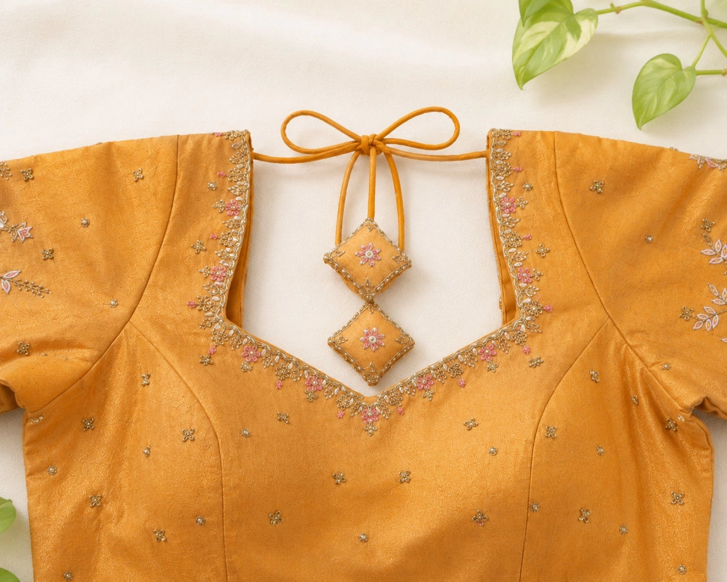 Golden Tissue Ari Work Embroidered Glass Sleeve Designer Blouse for Wedding & Festive Wear