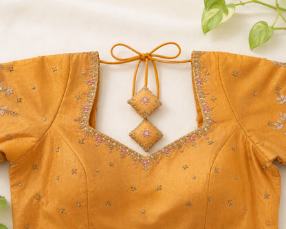 Golden Tissue Ari Work Embroidered Glass Sleeve Designer Blouse for Wedding & Festive Wear