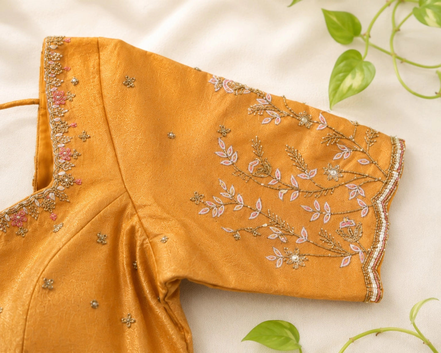 Golden Tissue Ari Work Embroidered Glass Sleeve Designer Blouse for Wedding & Festive Wear