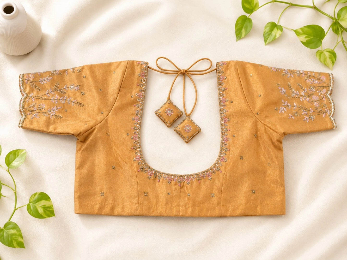 Golden Tissue Ari Work Embroidered Glass Sleeve Designer Blouse for Wedding & Festive Wear