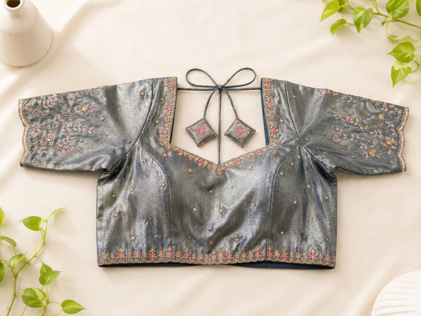 Metallic Grey Tissue Ari Work Glass Sleeve Designer Blouse with Floral Embroidery