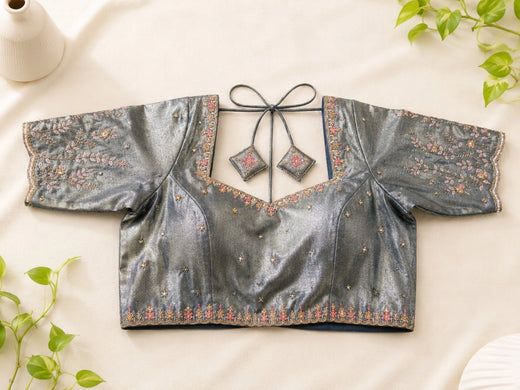 Metallic Grey Tissue Ari Work Glass Sleeve Designer Blouse with Floral Embroidery