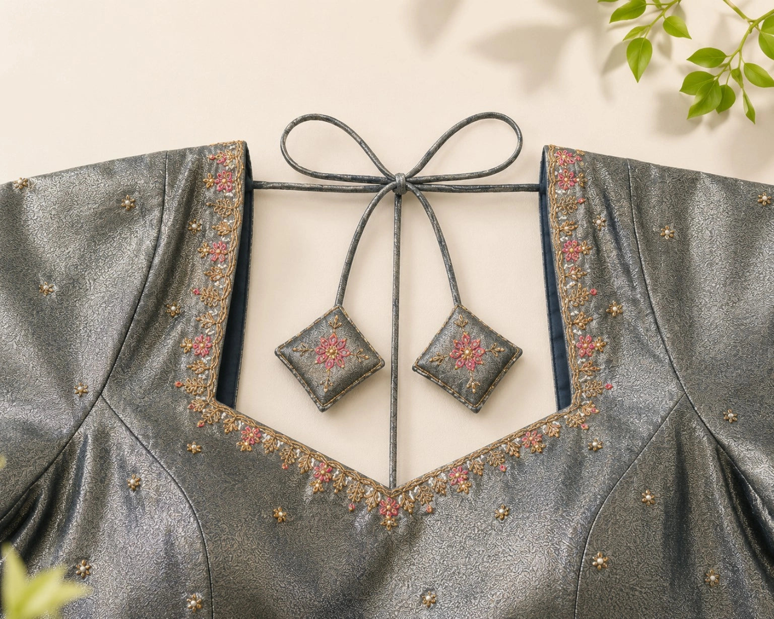 Metallic Grey Tissue Ari Work Glass Sleeve Designer Blouse with Floral Embroidery