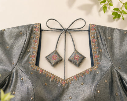 Metallic Grey Tissue Ari Work Glass Sleeve Designer Blouse with Floral Embroidery