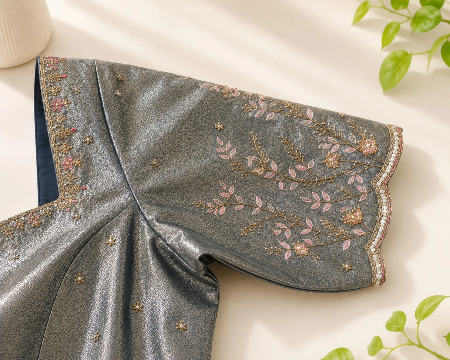 Metallic Grey Tissue Ari Work Glass Sleeve Designer Blouse with Floral Embroidery