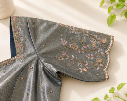 Metallic Grey Tissue Ari Work Glass Sleeve Designer Blouse with Floral Embroidery