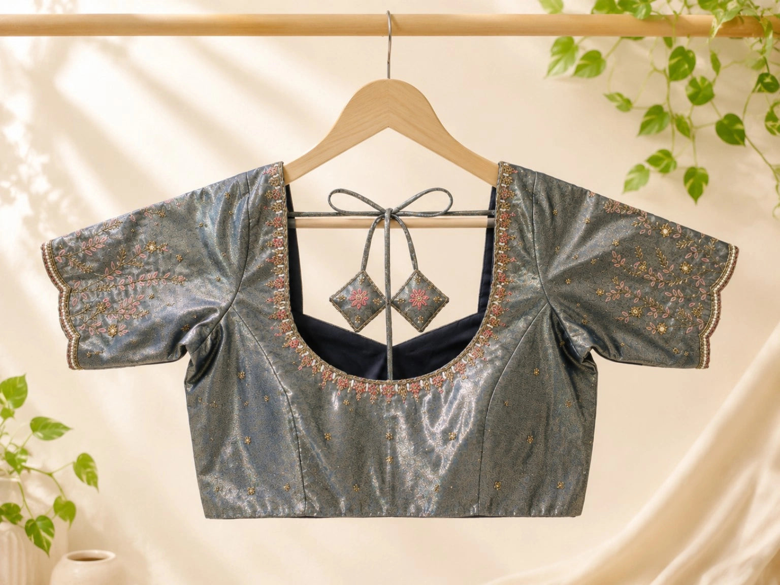 Metallic Grey Tissue Ari Work Glass Sleeve Designer Blouse with Floral Embroidery