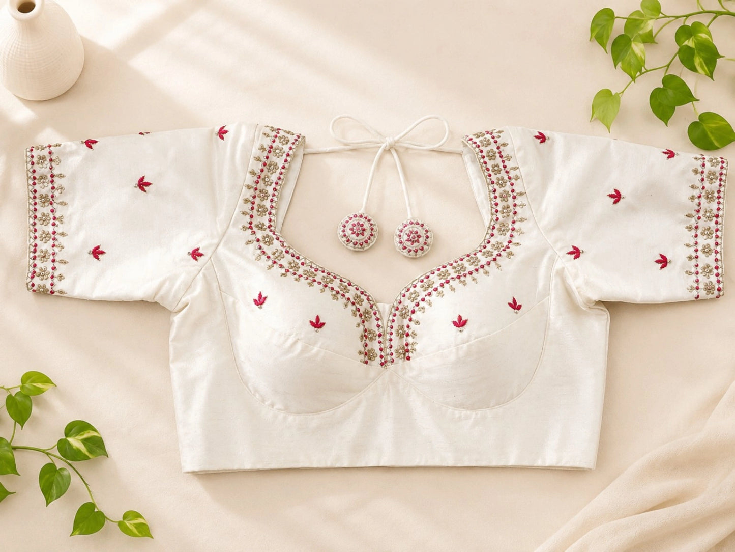 Off White Raw Silk Ari & Zardozi Work Glass Sleeve Designer Blouse for Wedding & Festive Wear