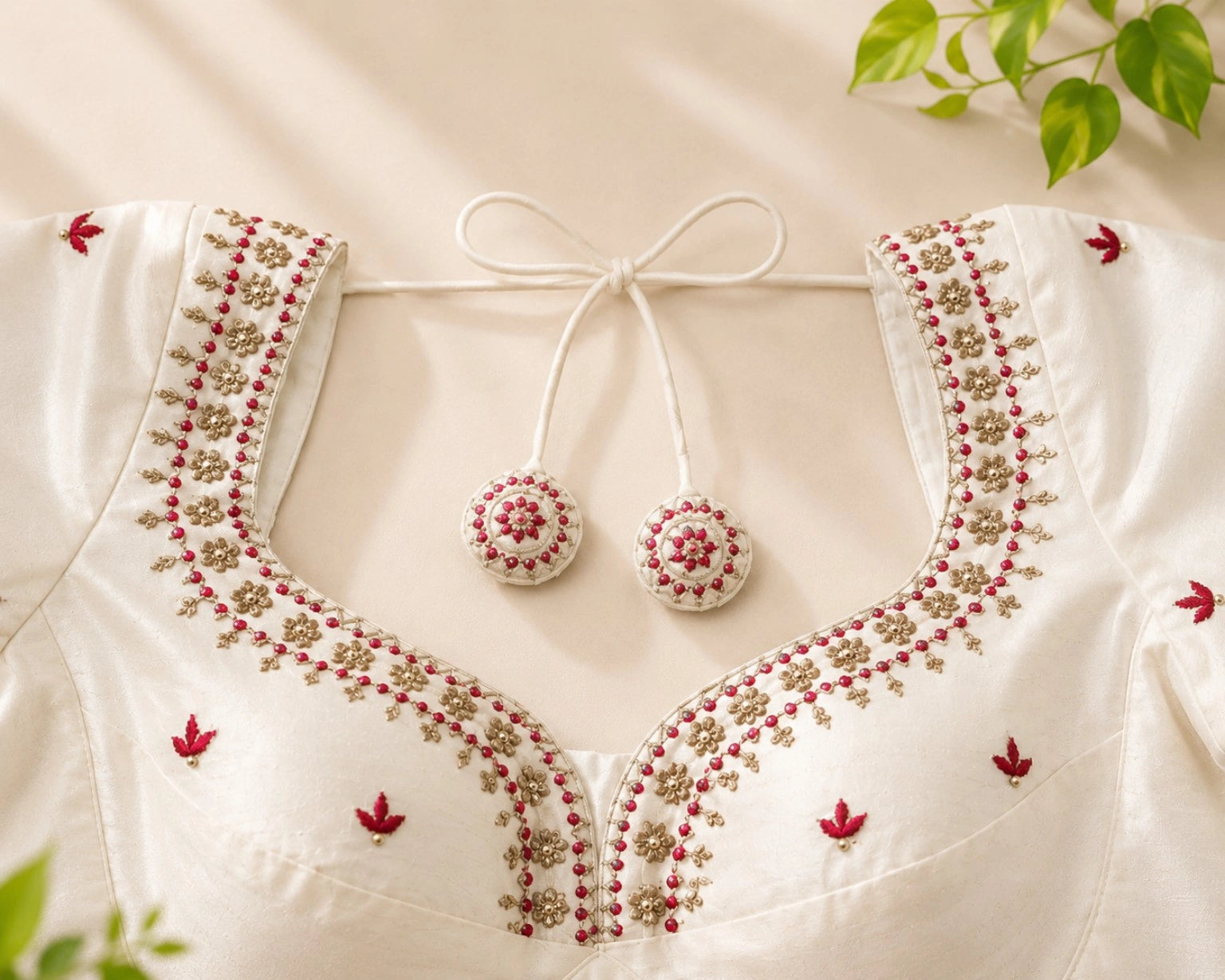 Off White Raw Silk Ari & Zardozi Work Glass Sleeve Designer Blouse for Wedding & Festive Wear