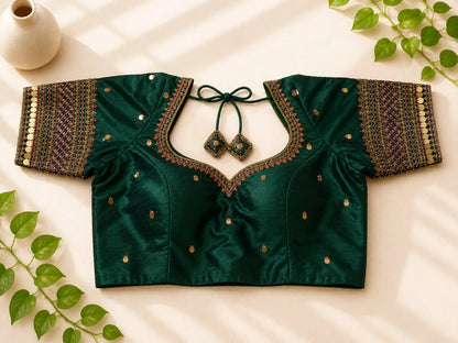 Emerald Green Raw Silk Zardozi Glass Sleeve Designer Blouse with Sequin Embroidery