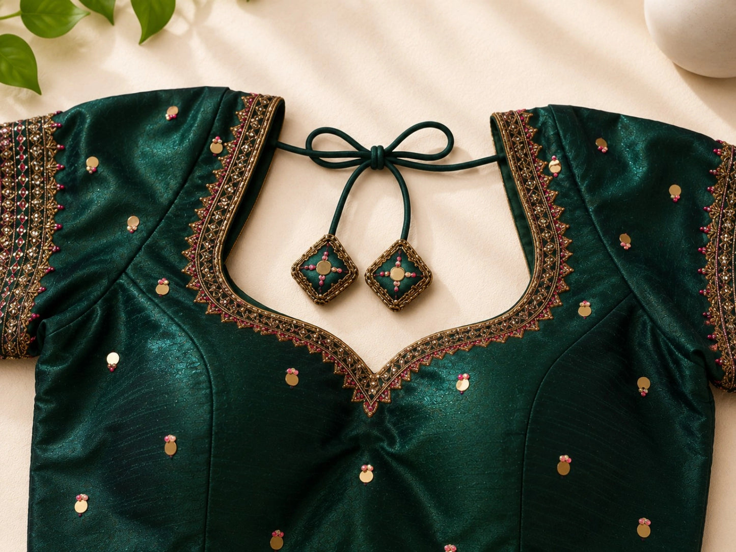Emerald Green Raw Silk Zardozi Glass Sleeve Designer Blouse with Sequin Embroidery