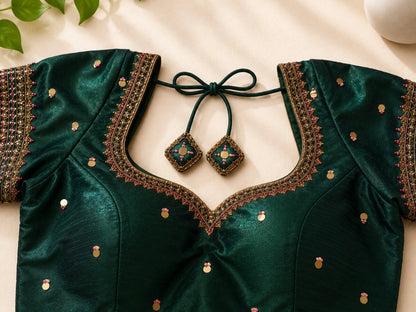 Emerald Green Raw Silk Zardozi Glass Sleeve Designer Blouse with Sequin Embroidery