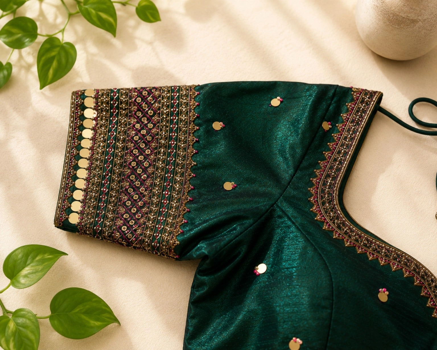 Emerald Green Raw Silk Zardozi Glass Sleeve Designer Blouse with Sequin Embroidery