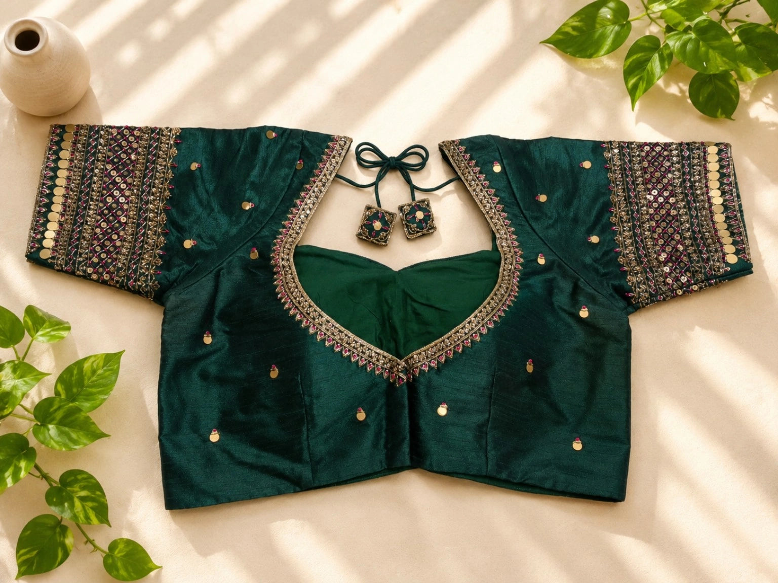 Emerald Green Raw Silk Zardozi Glass Sleeve Designer Blouse with Sequin Embroidery