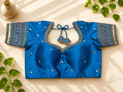 Royal Blue Raw Silk Zardozi Work Glass Sleeves Designer Blouse for Wedding & Festive