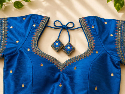 Royal Blue Raw Silk Zardozi Work Glass Sleeves Designer Blouse for Wedding & Festive