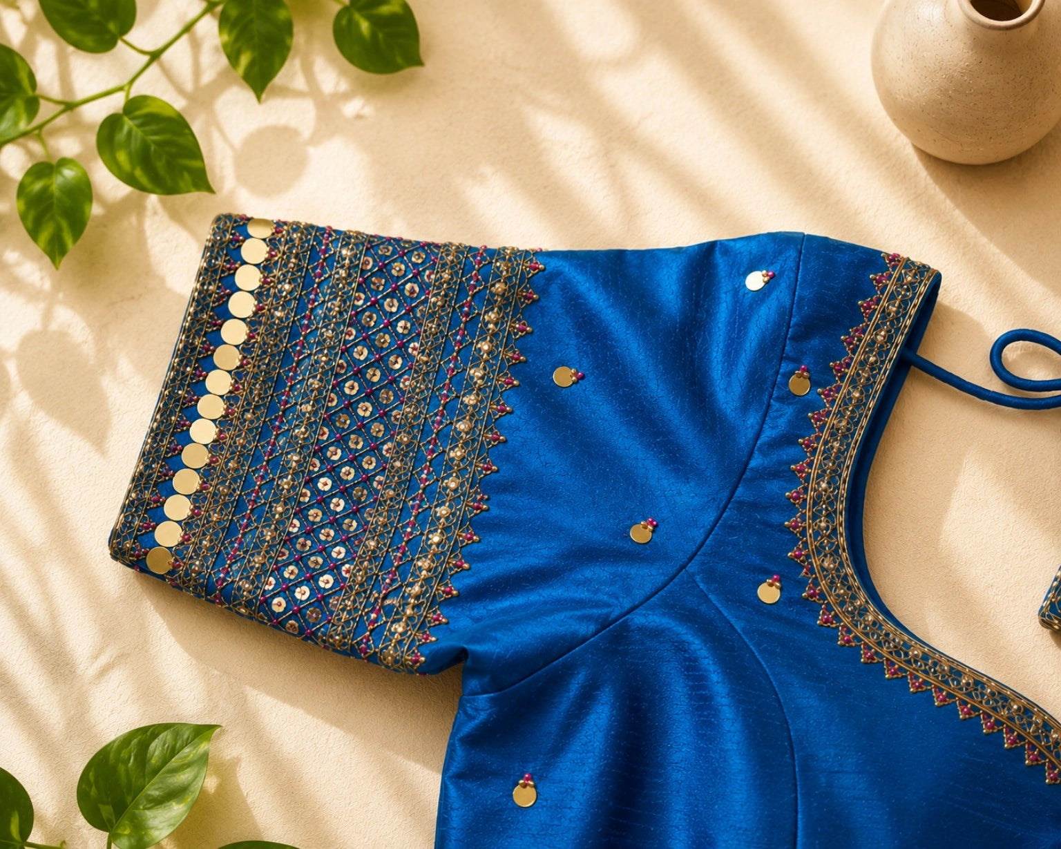 Royal Blue Raw Silk Zardozi Work Glass Sleeves Designer Blouse for Wedding & Festive