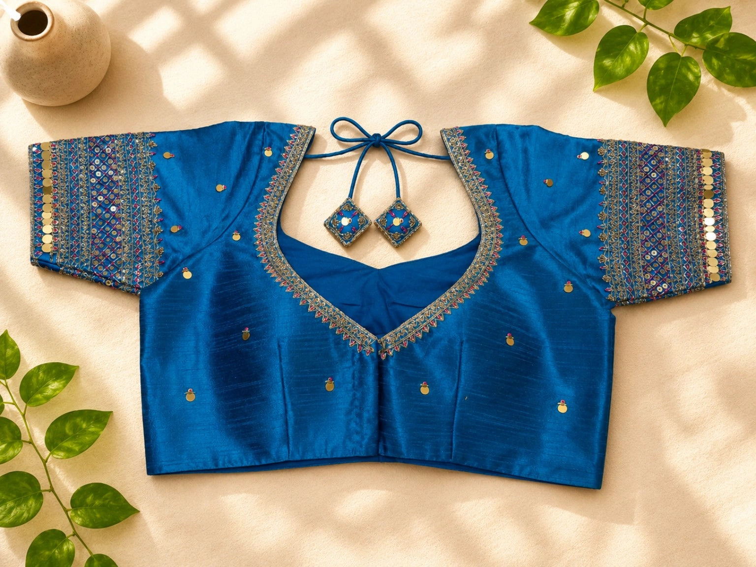 Royal Blue Raw Silk Zardozi Work Glass Sleeves Designer Blouse for Wedding & Festive