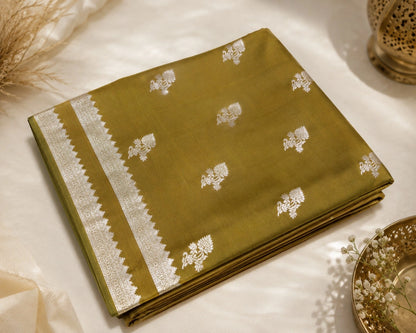 Olive Green Semi Katan Buta Saree Inspired Silver Zari Woven Designer Blouse for Festive & Wedding Wear