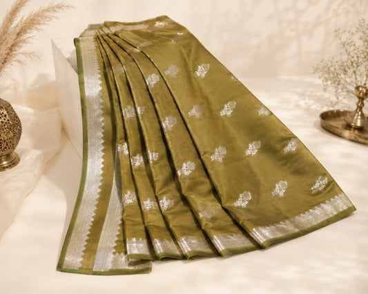 Olive Green Semi Katan Buta Saree Inspired Silver Zari Woven Designer Blouse for Festive & Wedding Wear