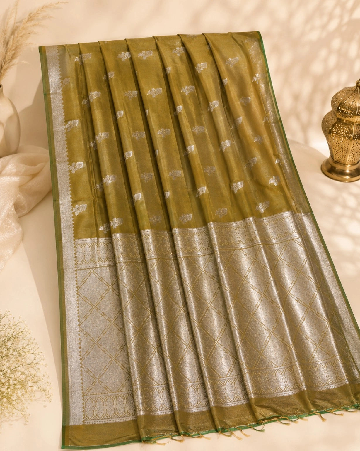 Olive Green Semi Katan Buta Saree Inspired Silver Zari Woven Designer Blouse for Festive & Wedding Wear