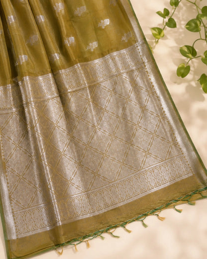 Olive Green Semi Katan Buta Saree Inspired Silver Zari Woven Designer Blouse for Festive & Wedding Wear