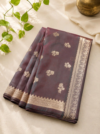 Semi Katan Dual Tone Wine Purple Buta Woven Festive Blouse