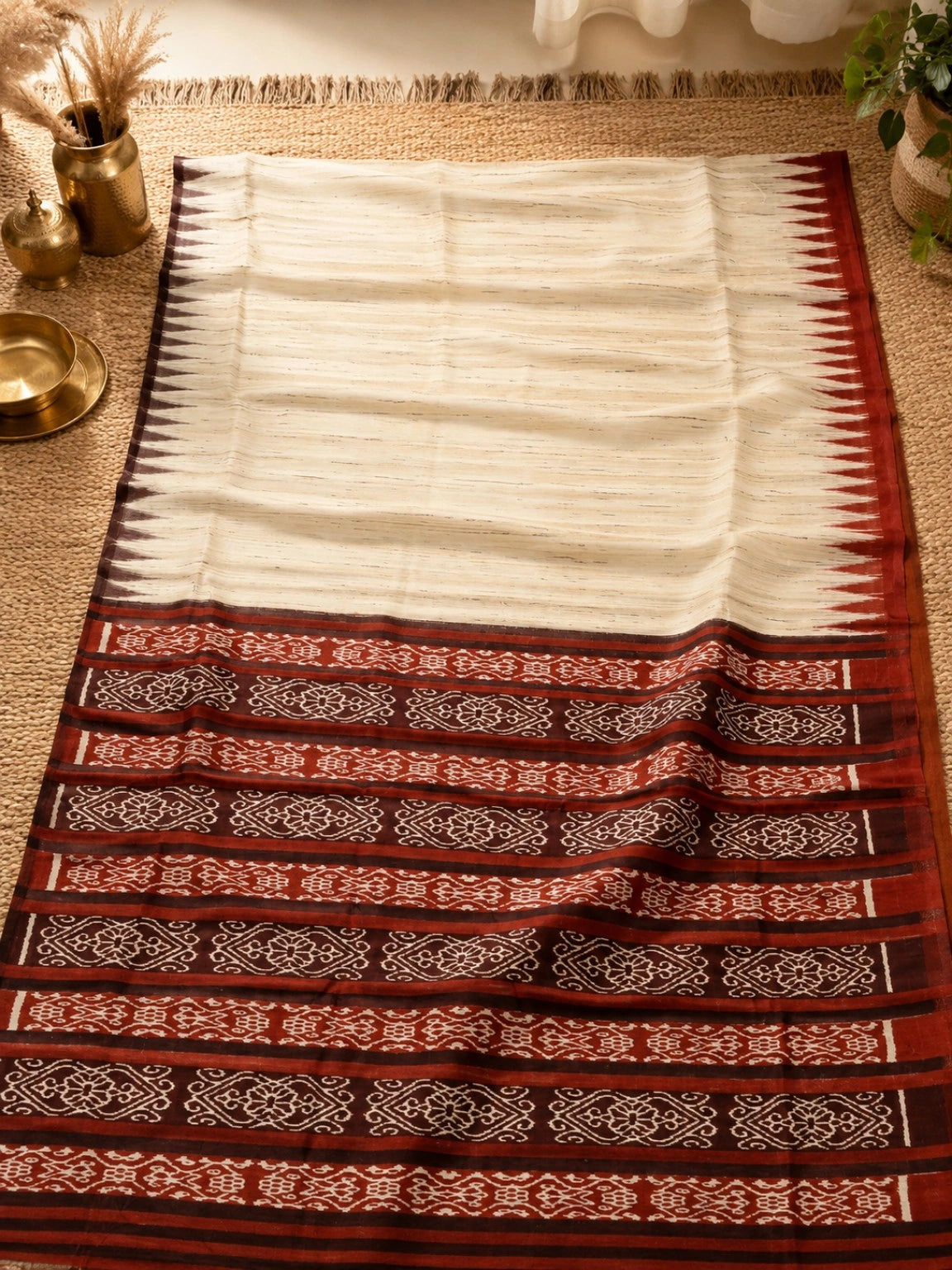 Ghicha Tussar Saree in Natural Beige with Red & Black Traditional Woven Border | Ethnic Handloom Style Saree