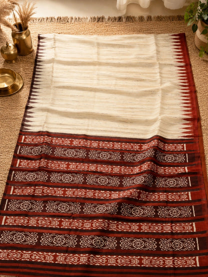 Ghicha Tussar Saree in Natural Beige with Red & Black Traditional Woven Border | Ethnic Handloom Style Saree
