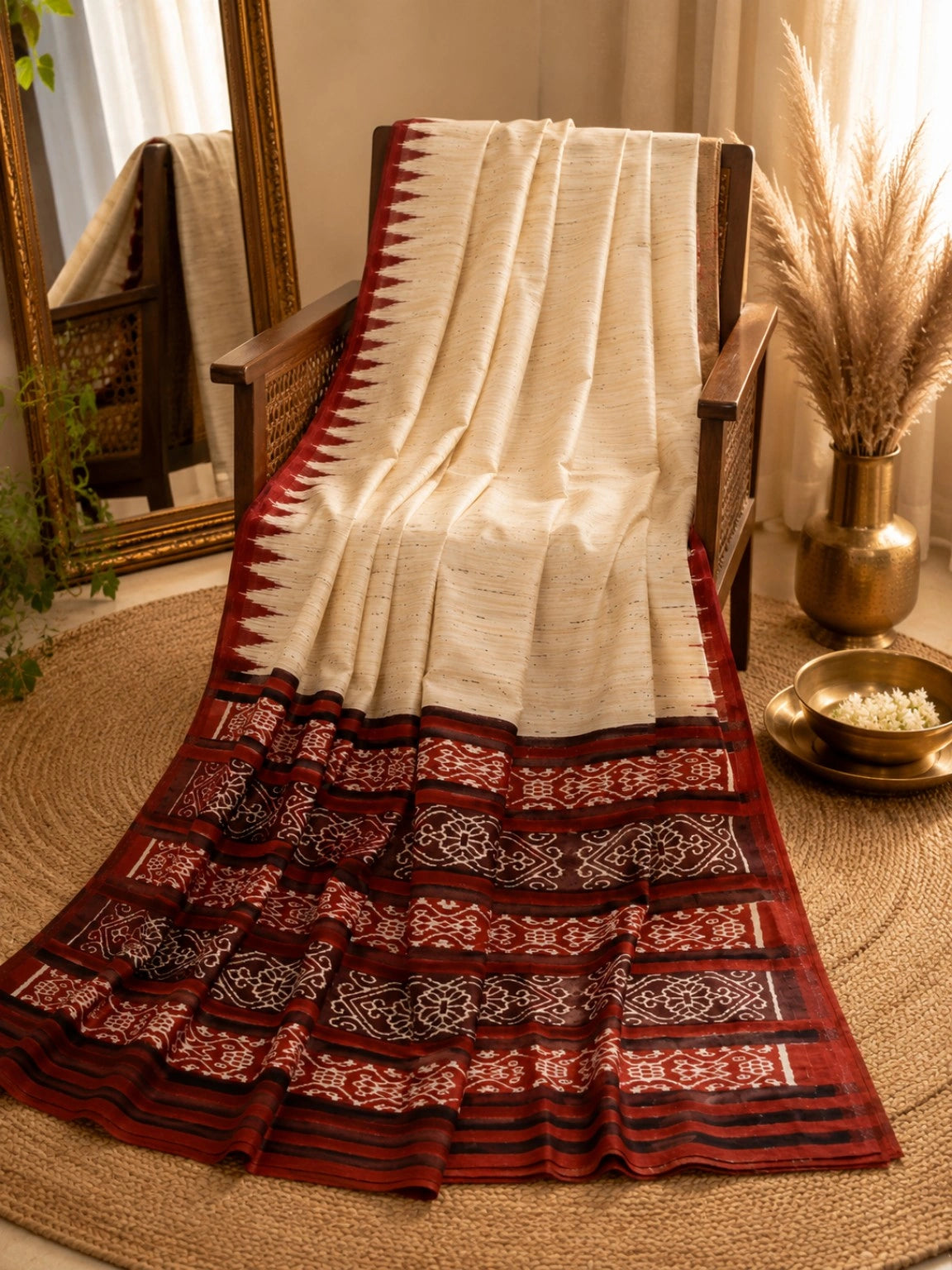 Ghicha Tussar Saree in Natural Beige with Red & Black Traditional Woven Border | Ethnic Handloom Style Saree