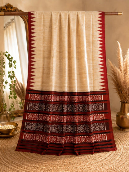 Ghicha Tussar Saree in Natural Beige with Red & Black Traditional Woven Border | Ethnic Handloom Style Saree
