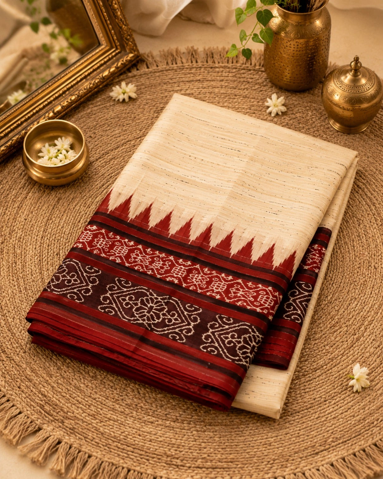 Ghicha Tussar Saree in Natural Beige with Red & Black Traditional Woven Border | Ethnic Handloom Style Saree