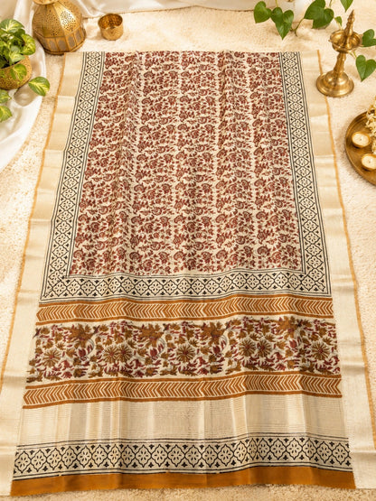 Linen Bagru Print Saree in Beige & Rust Brown with Floral Motifs and Woven Border