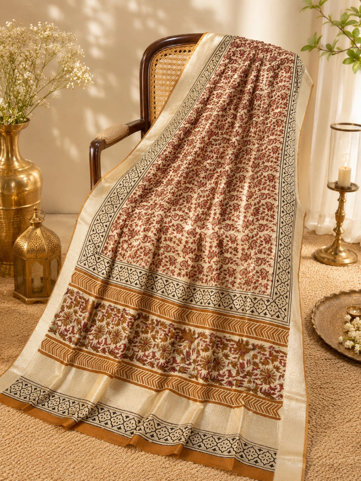 Linen Bagru Print Saree in Beige & Rust Brown with Floral Motifs and Woven Border