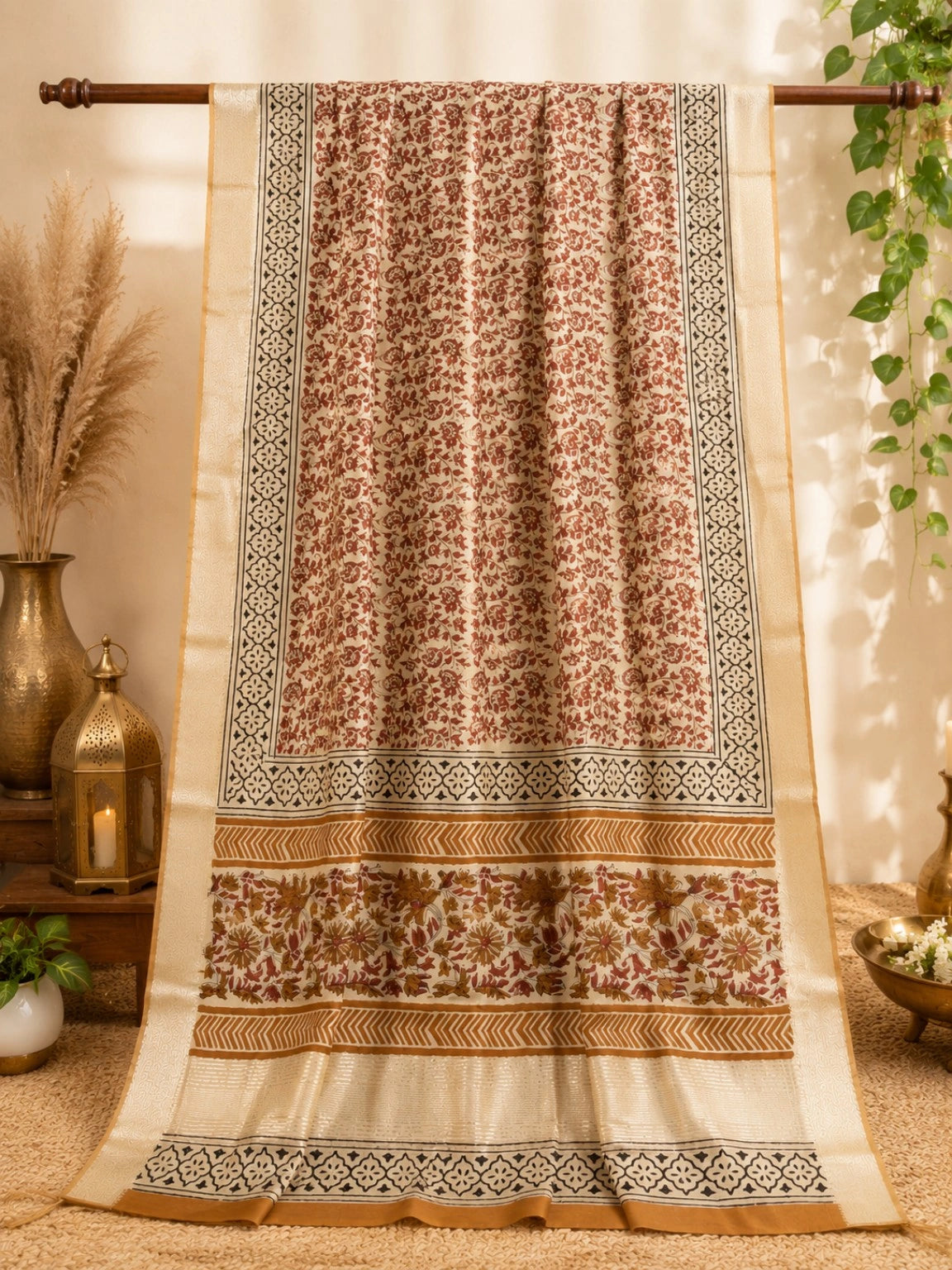 Linen Bagru Print Saree in Beige & Rust Brown with Floral Motifs and Woven Border