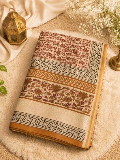 Linen Bagru Print Saree in Beige & Rust Brown with Floral Motifs and Woven Border