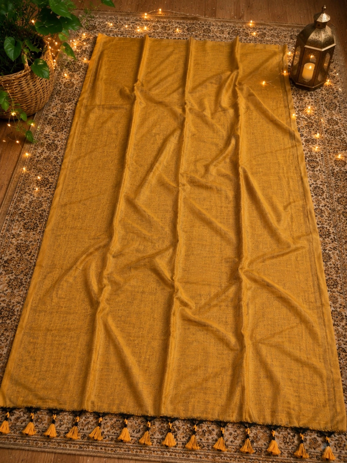 Mustard Yellow Plain Khadi Saree with Self Woven Texture and Tassel Pallu