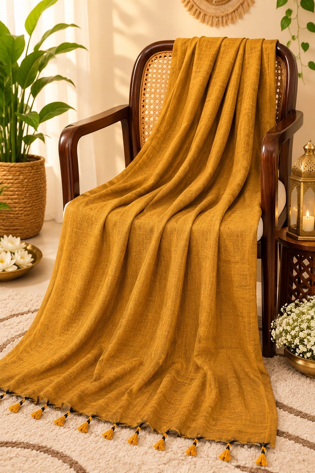 Mustard Yellow Plain Khadi Saree with Self Woven Texture and Tassel Pallu