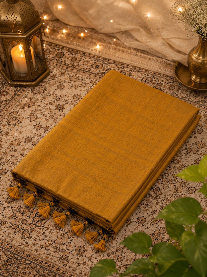 Mustard Yellow Plain Khadi Saree with Self Woven Texture and Tassel Pallu