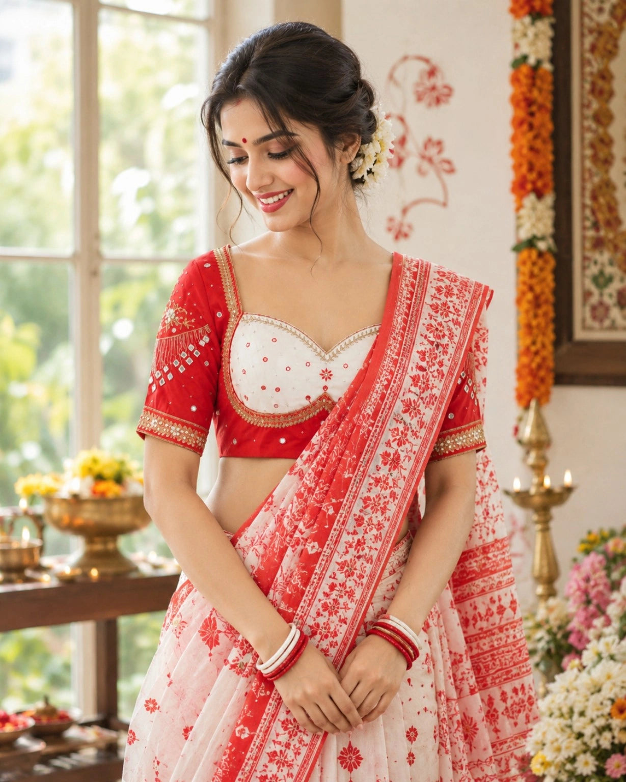 Red Raw Silk Mumtaz Cut Blouse with Ari Work, Mirror Embellishments & Sweetheart Neck