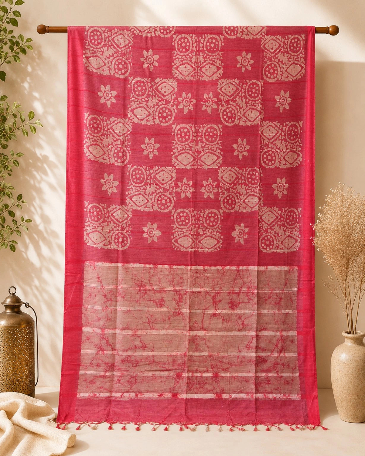 Coral Pink Linen Batik Print Saree with Beige Floral & Geometric Motifs