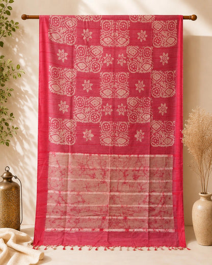 Coral Pink Linen Batik Print Saree with Beige Floral & Geometric Motifs