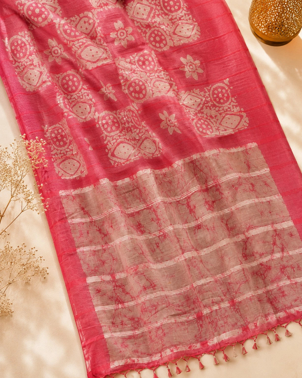 Coral Pink Linen Batik Print Saree with Beige Floral & Geometric Motifs