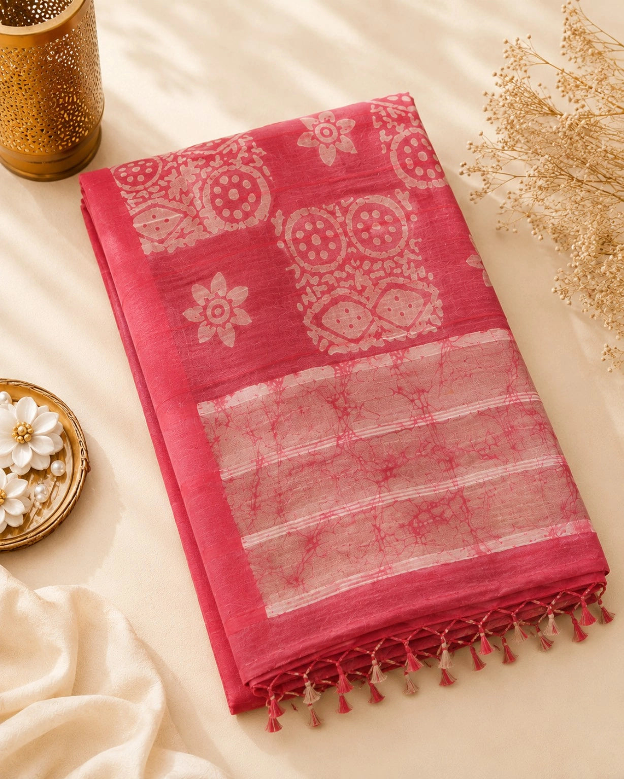 Coral Pink Linen Batik Print Saree with Beige Floral & Geometric Motifs