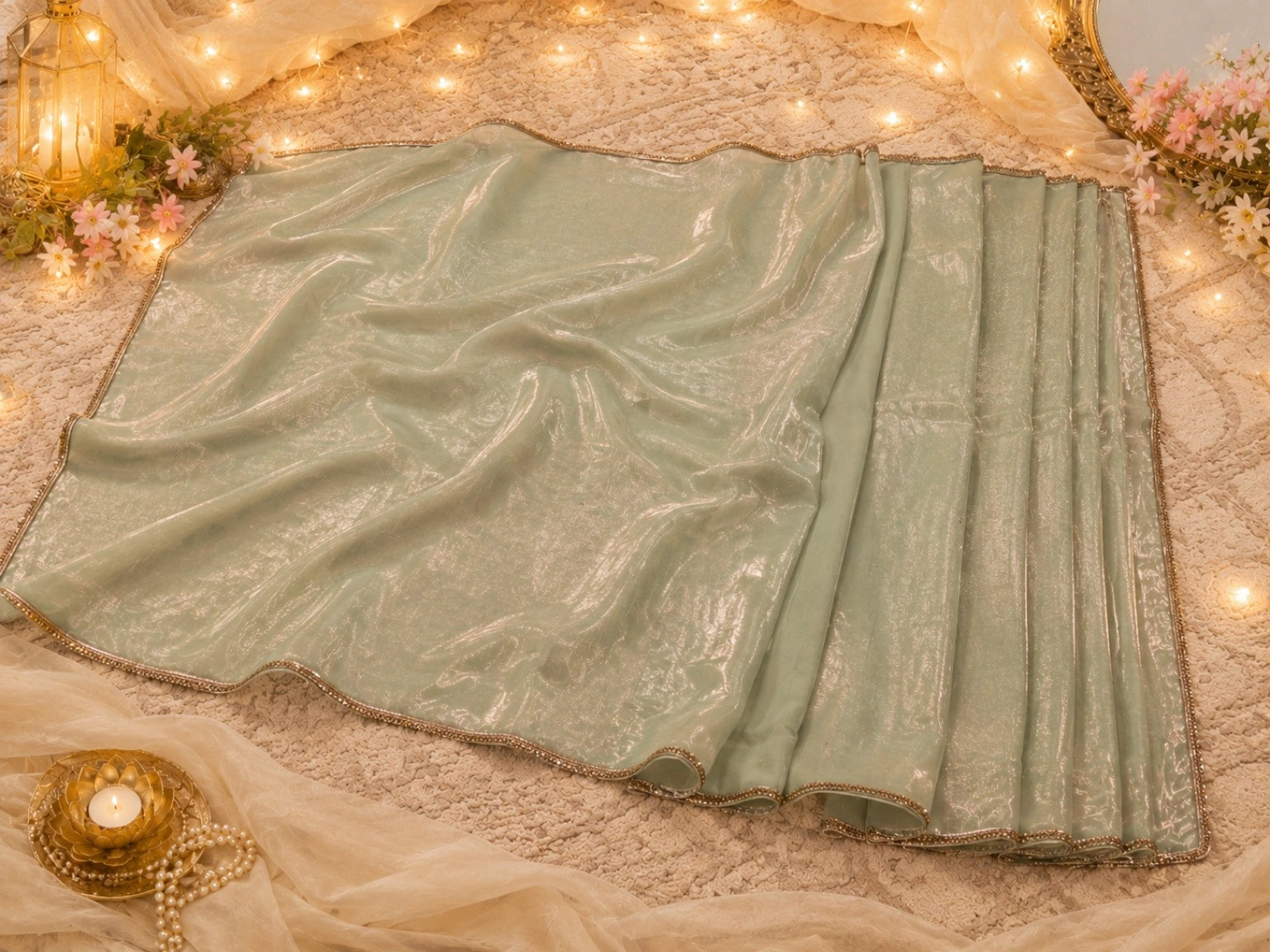 Fandy Crush Saree Mint Green Shimmer Lightweight Party Wear Saree with Elegant Gold Border
